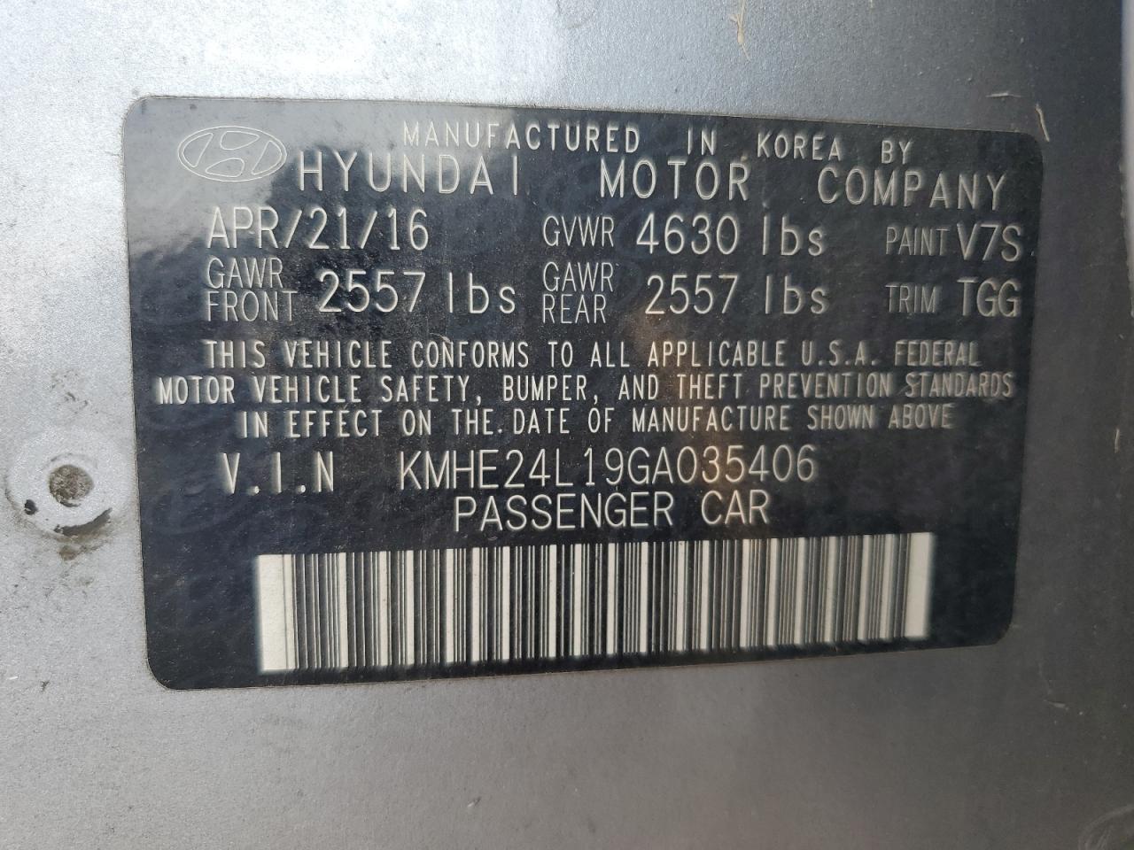 2016 Hyundai Sonata Hybrid VIN: KMHE24L19GA035406 Lot: 70839494