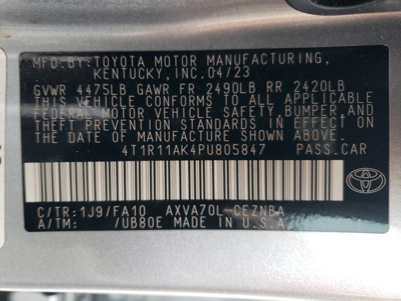 4T1R11AK4PU805847 2023 Toyota Camry Le