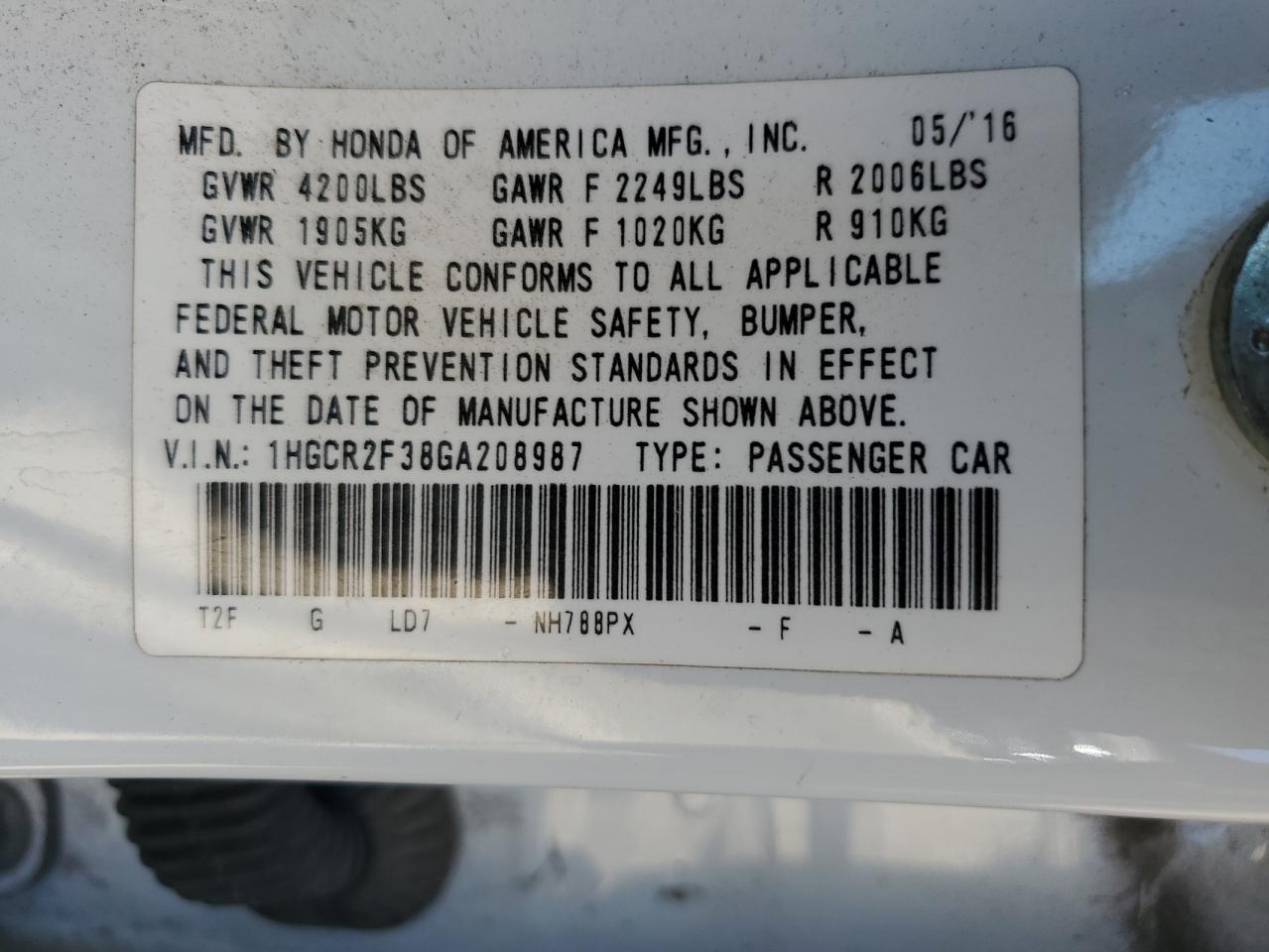 1HGCR2F38GA208987 2016 Honda Accord Lx