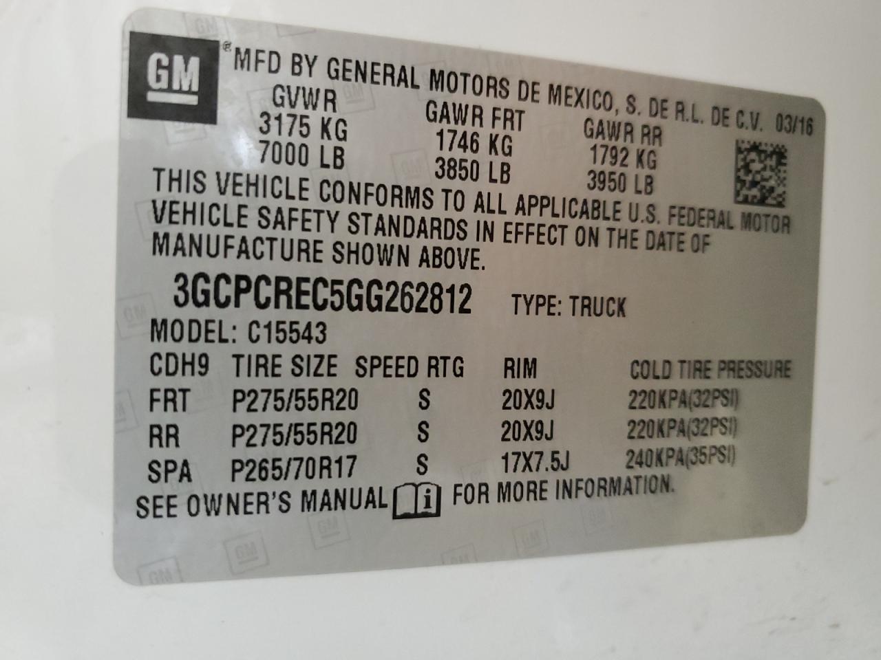 3GCPCREC5GG262812 2016 Chevrolet Silverado C1500 Lt