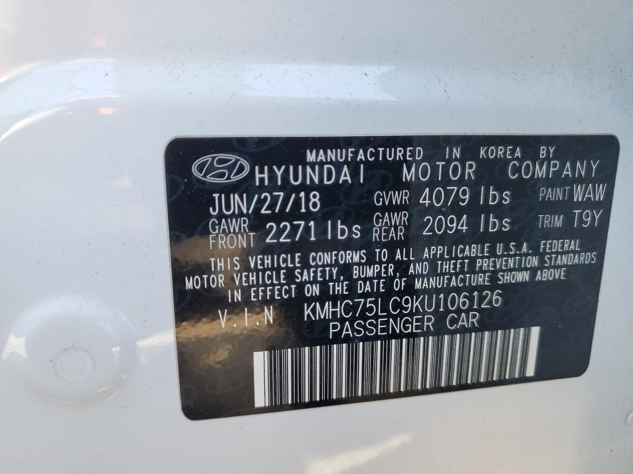 KMHC75LC9KU106126 2019 Hyundai Ioniq Sel