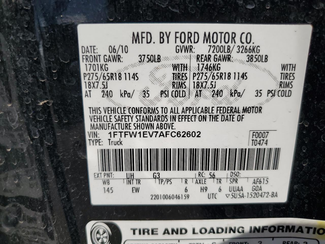 2010 Ford F150 Supercrew VIN: 1FTFW1EV7AFC62602 Lot: 72531254