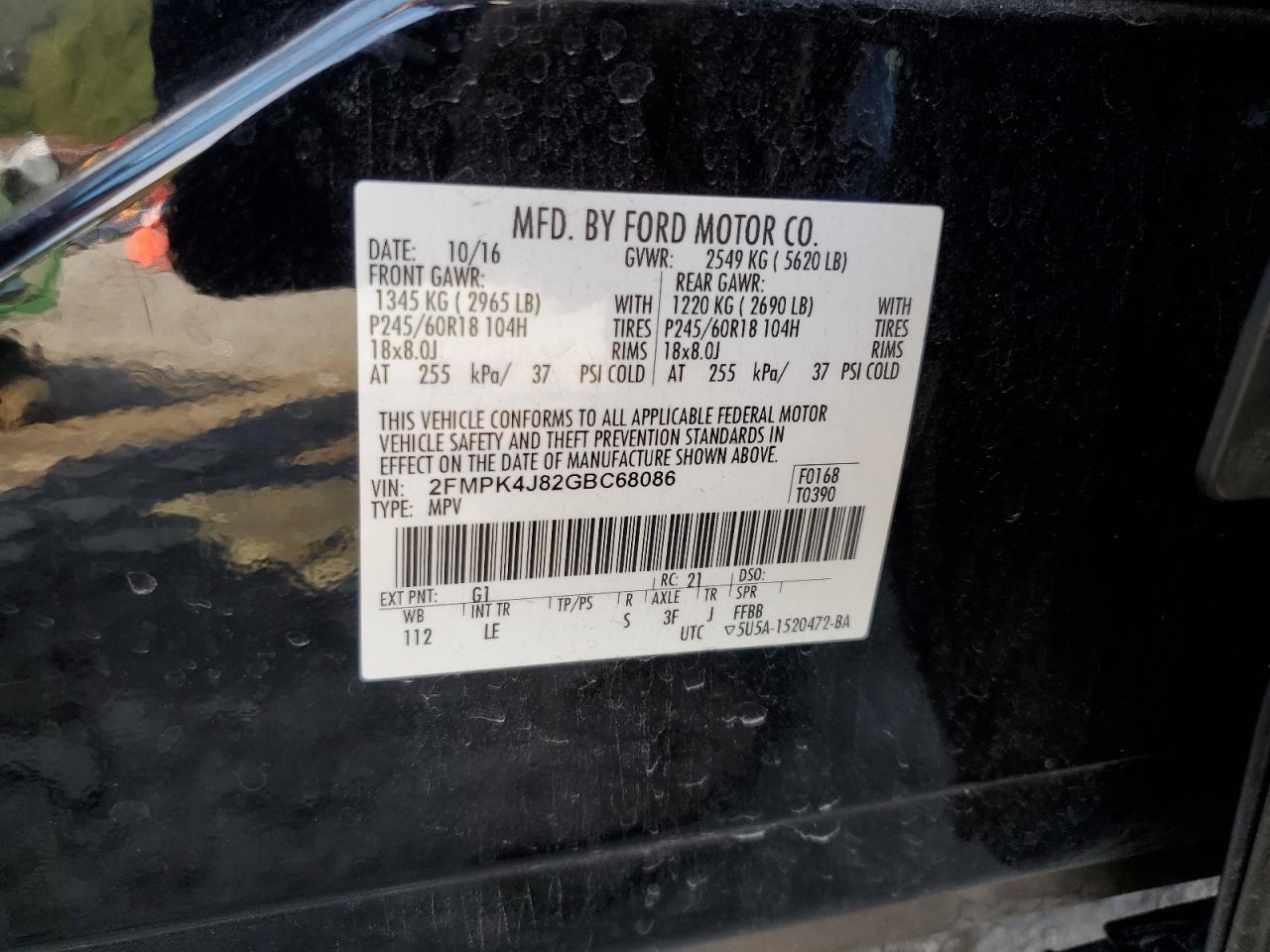 2016 Ford Edge Sel VIN: 2FMPK4J82GBC68086 Lot: 72996204