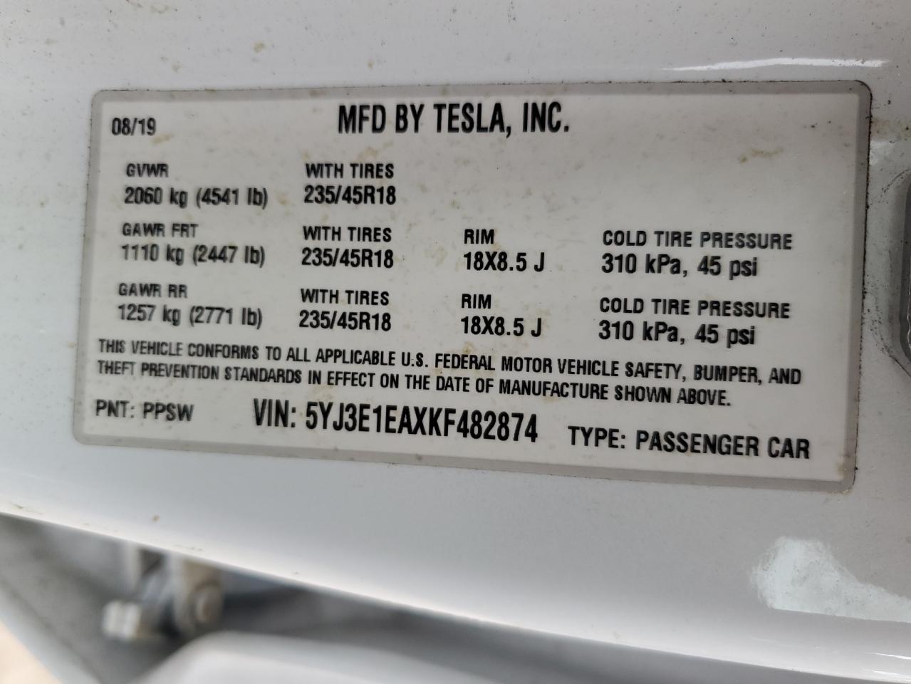 5YJ3E1EAXKF482874 2019 Tesla Model 3