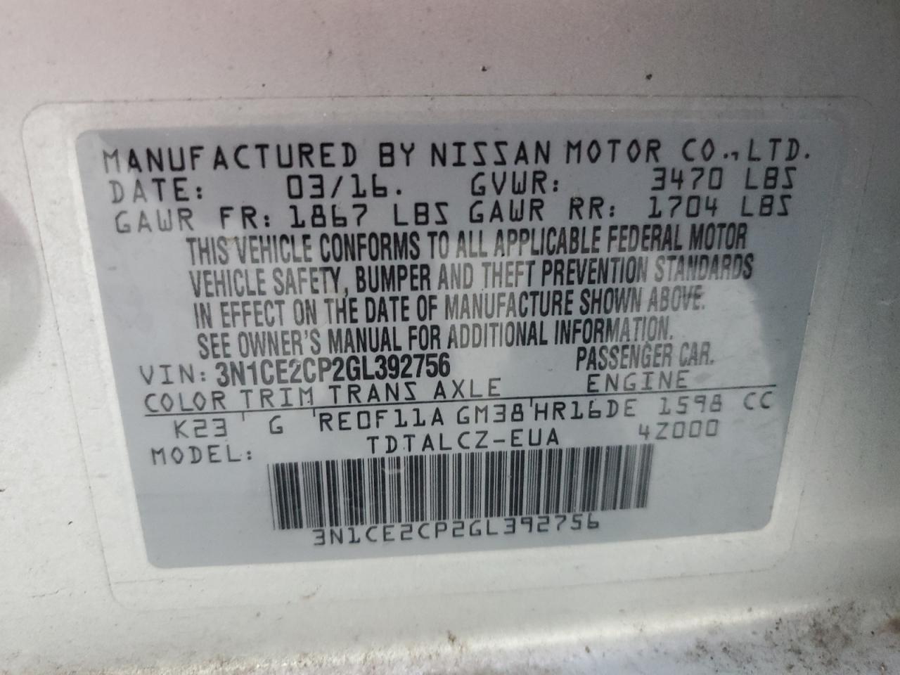 3N1CE2CP2GL392756 2016 Nissan Versa Note S