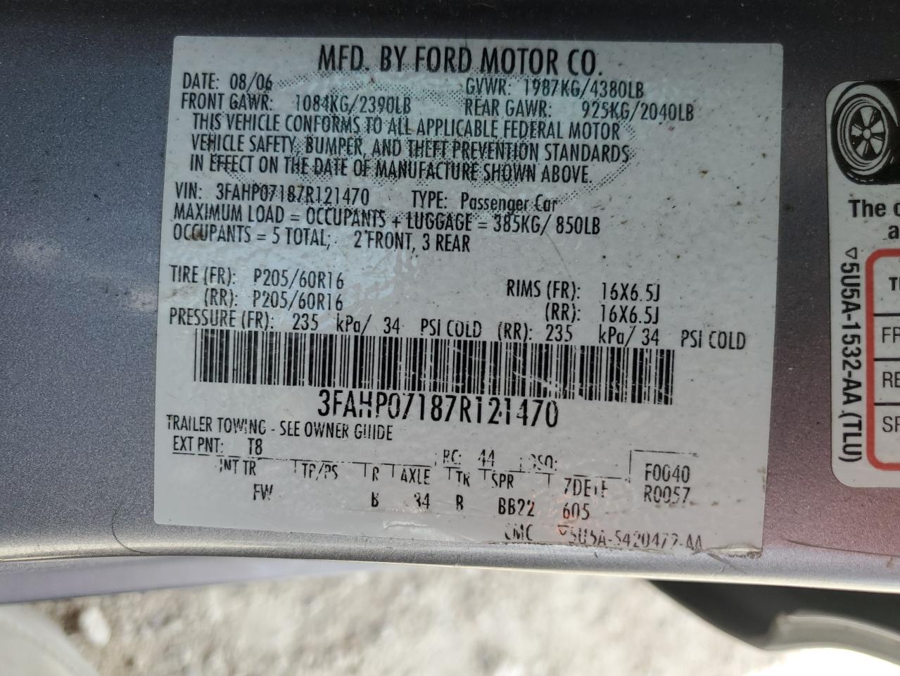 3FAHP07187R121470 2007 Ford Fusion Se