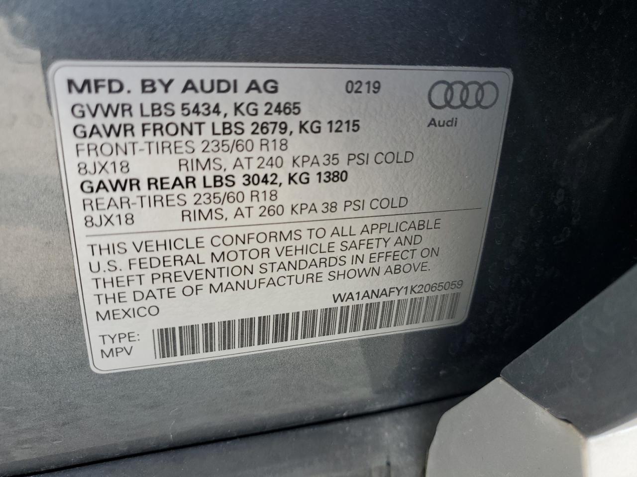 WA1ANAFY1K2065059 2019 Audi Q5 Premium