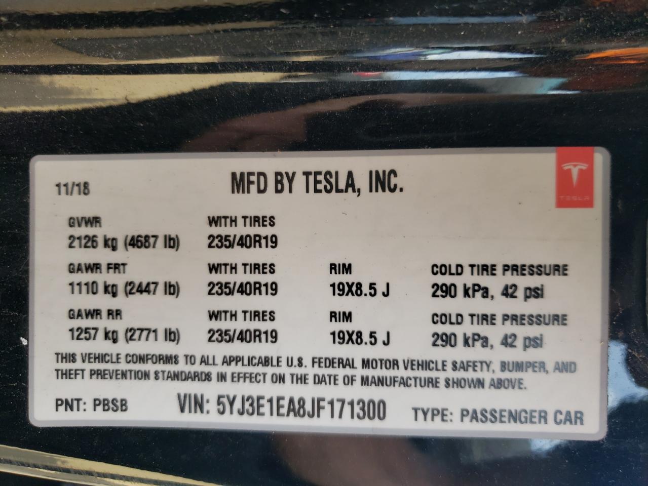 2018 Tesla Model 3 VIN: 5YJ3E1EA8JF171300 Lot: 71359534