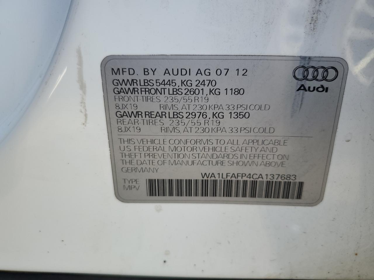 2012 Audi Q5 Premium Plus VIN: WA1LFAFP4CA137683 Lot: 71803954