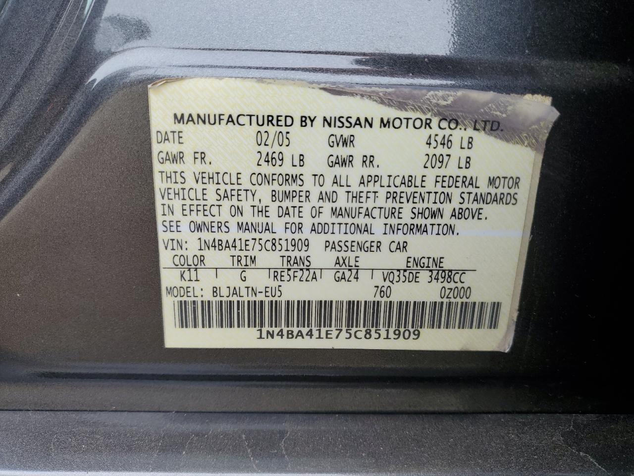 2005 Nissan Maxima Se VIN: 1N4BA41E75C851909 Lot: 73486824