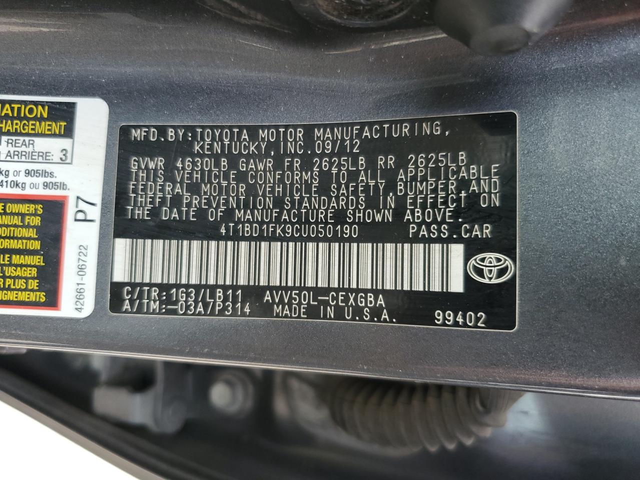 4T1BD1FK9CU050190 2012 Toyota Camry Hybrid