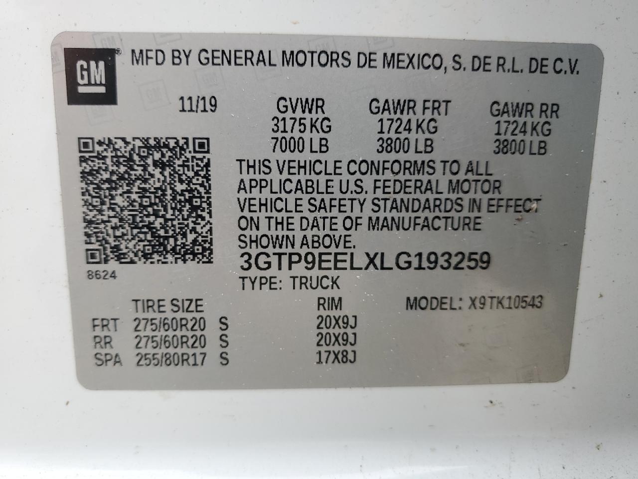 2020 GMC Sierra K1500 At4 VIN: 3GTP9EELXLG193259 Lot: 69753814