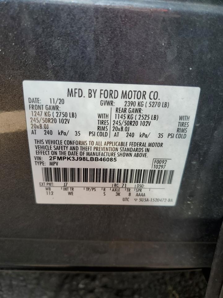 2020 Ford Edge Sel VIN: 2FMPK3J98LBB46085 Lot: 71876564