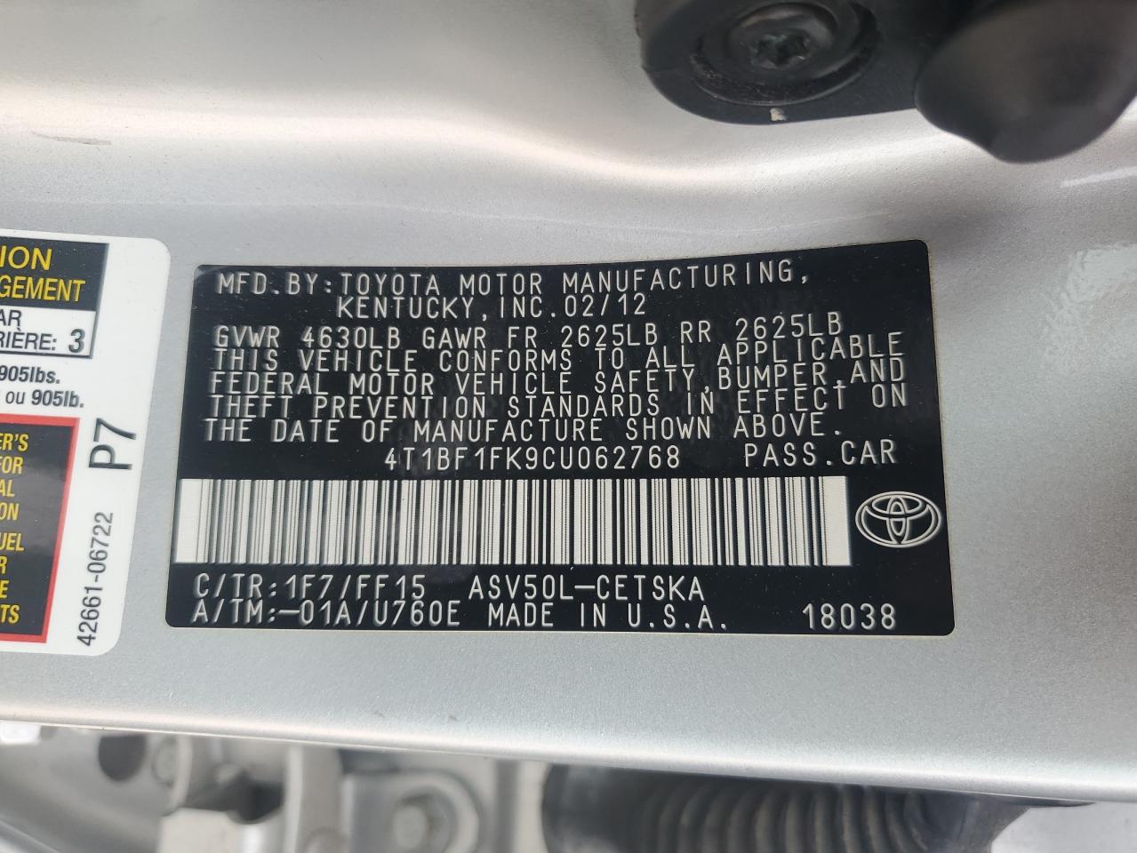 4T1BF1FK9CU062768 2012 Toyota Camry Base