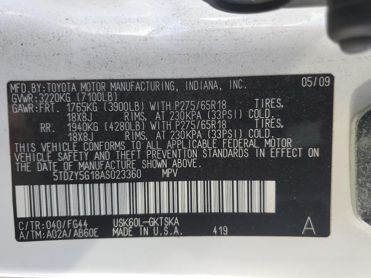 5TDZY5G18AS023360 2010 Toyota Sequoia Sr5