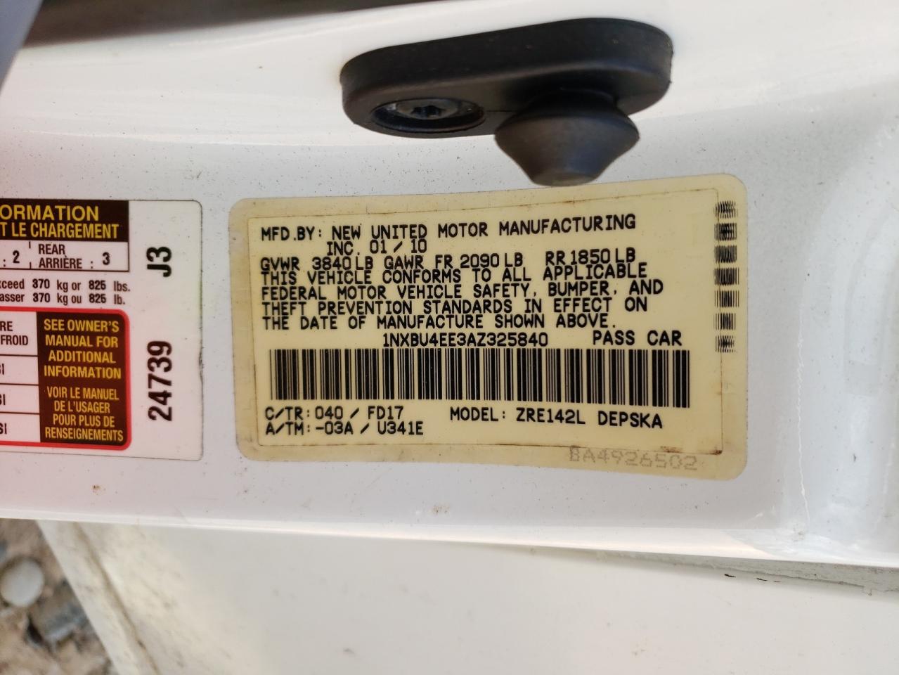 1NXBU4EE3AZ325840 2010 Toyota Corolla Base