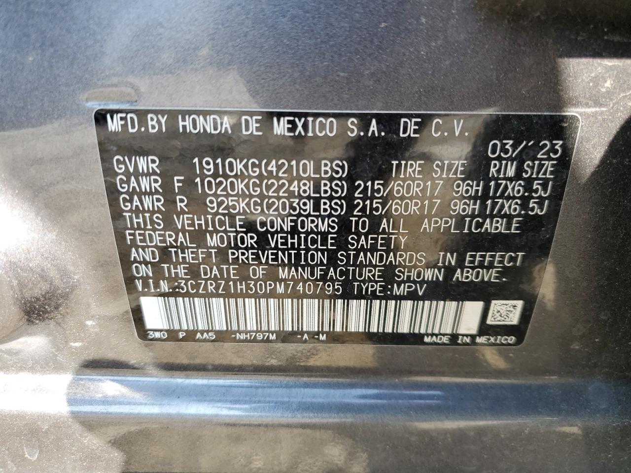 3CZRZ1H30PM740795 2023 Honda Hr-V Lx