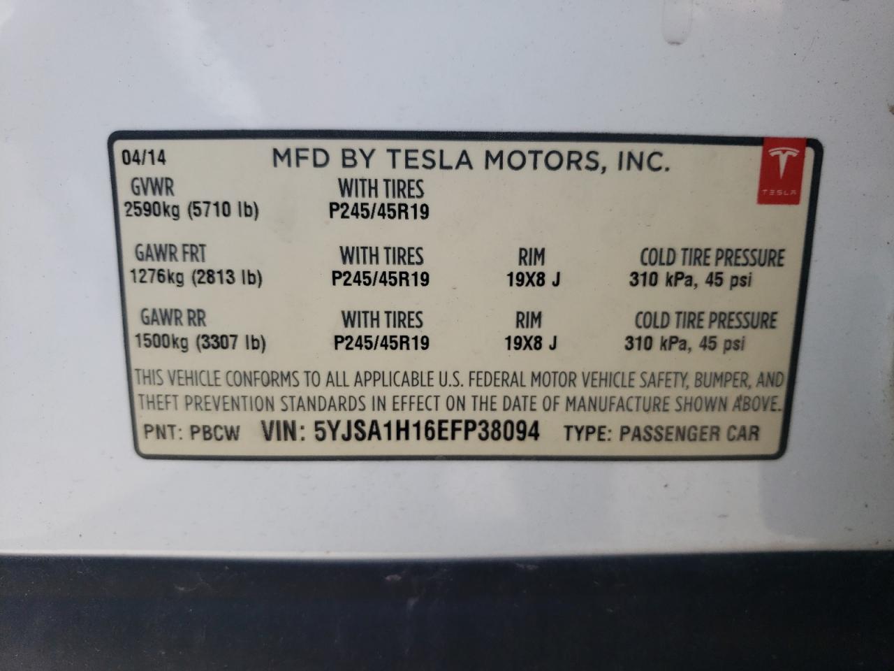 2014 Tesla Model S VIN: 5YJSA1H16EFP38094 Lot: 71133554