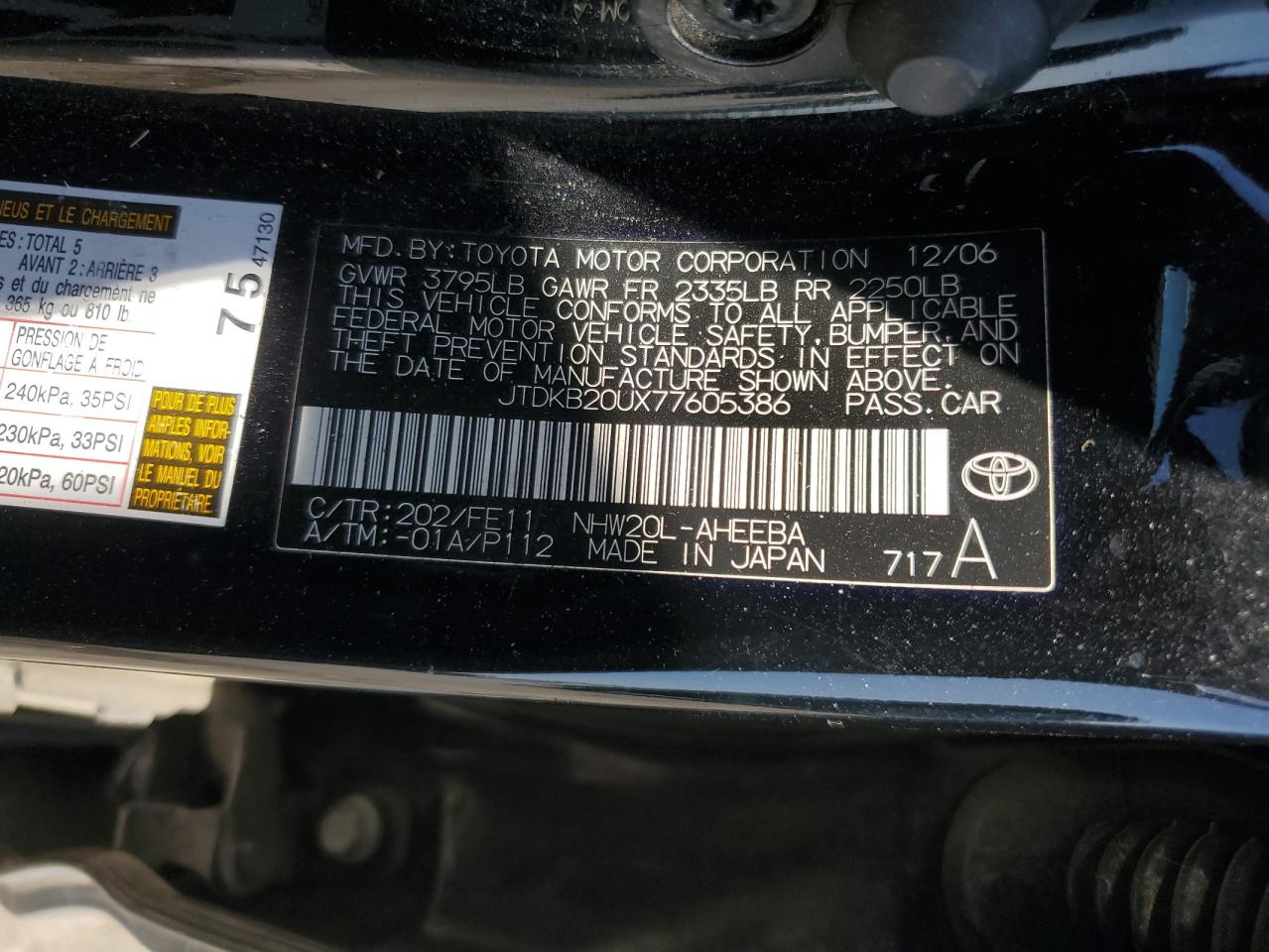 JTDKB20UX77605386 2007 Toyota Prius