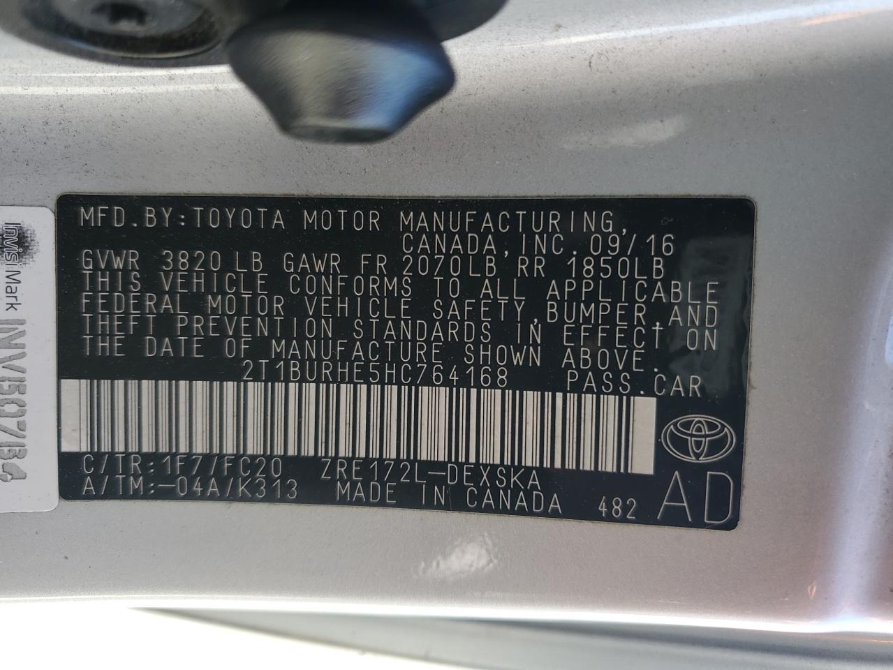 2T1BURHE5HC764168 2017 Toyota Corolla L