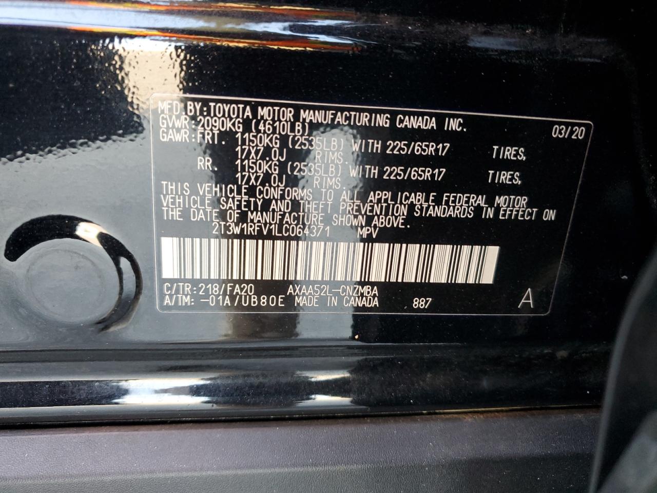 2T3W1RFV1LC064371 2020 Toyota Rav4 Xle