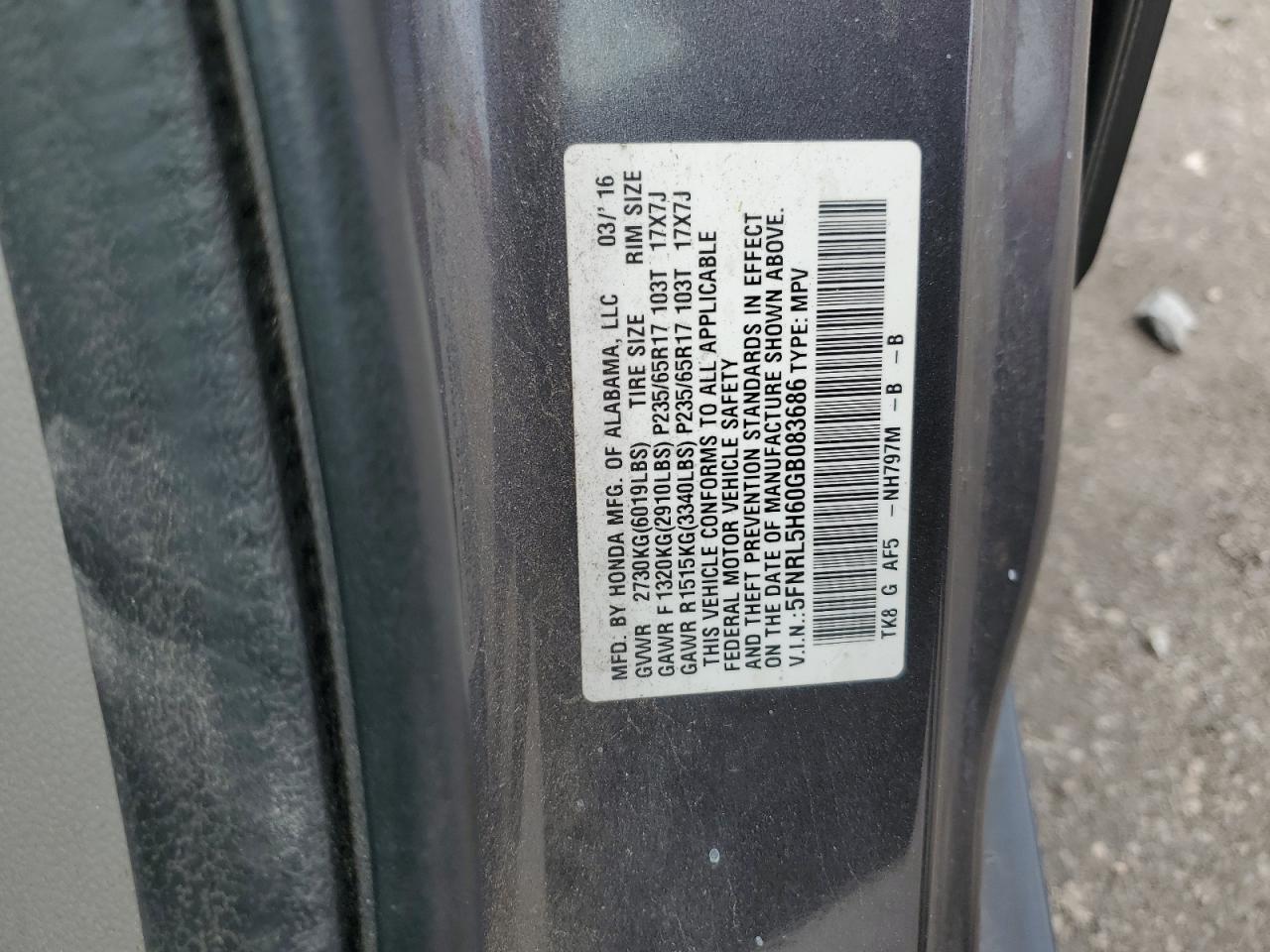 5FNRL5H60GB083686 2016 Honda Odyssey Exl