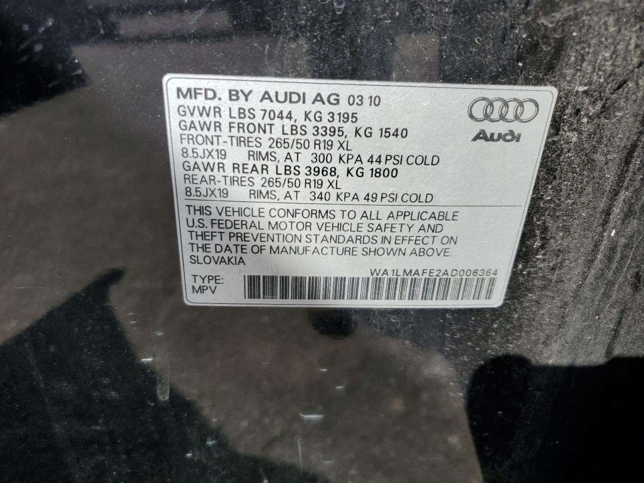 2010 Audi Q7 Premium Plus VIN: WA1LMAFE2AD006364 Lot: 73230164