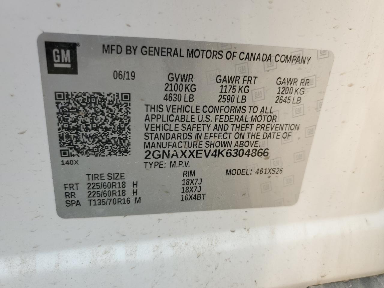 2GNAXXEV4K6304866 2019 Chevrolet Equinox Premier