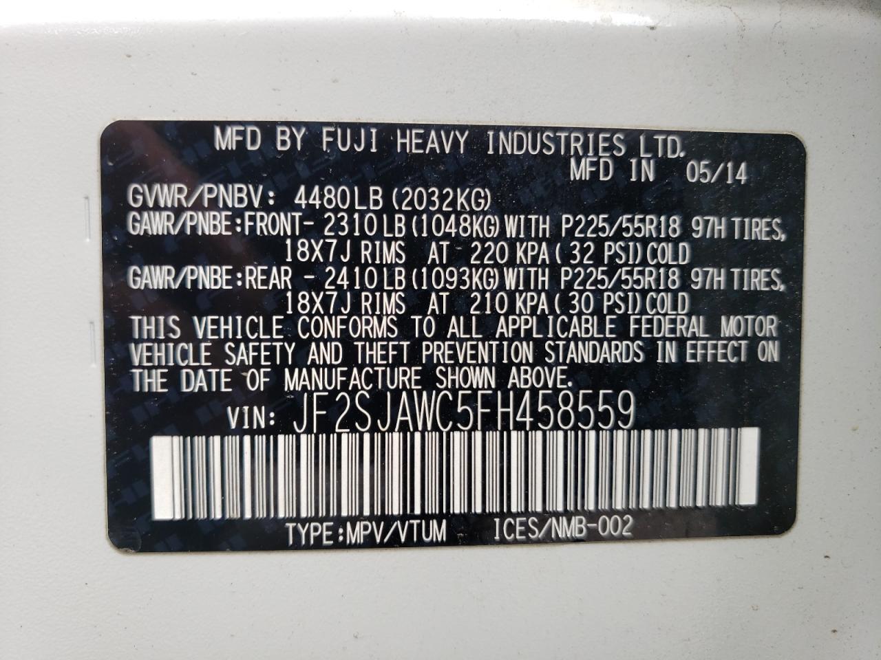 JF2SJAWC5FH458559 2015 Subaru Forester 2.5I Touring