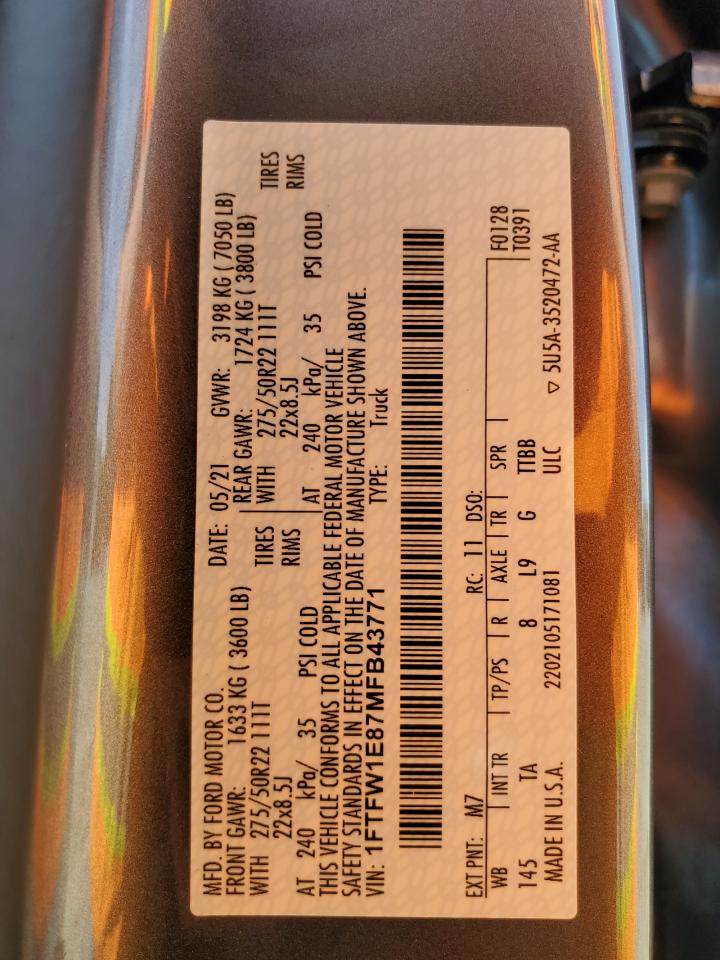 2021 Ford F150 Supercrew VIN: 1FTFW1E87MFB43771 Lot: 73502664