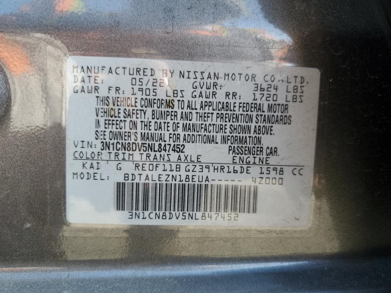 3N1CN8DV5NL847452 2022 Nissan Versa S