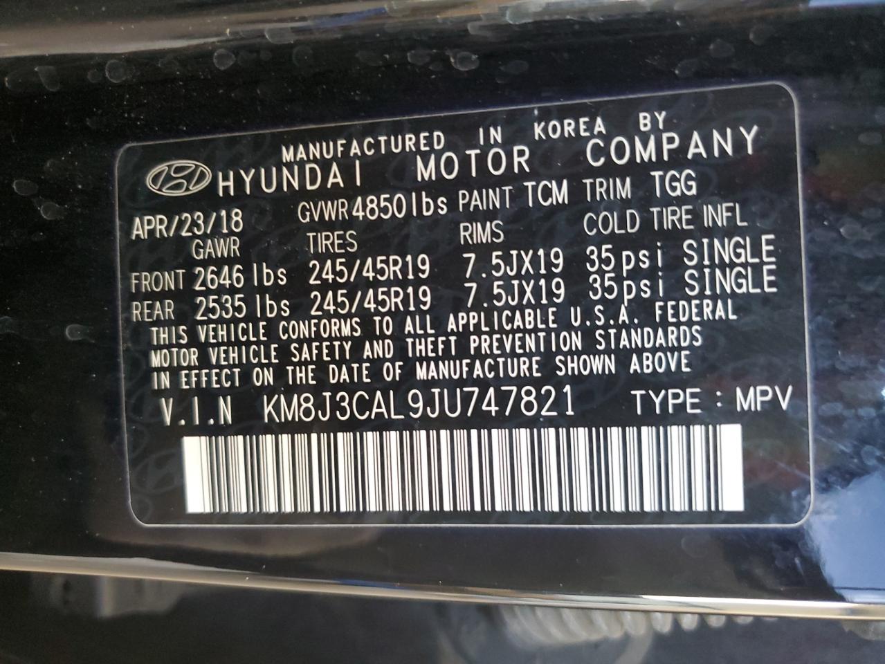 KM8J3CAL9JU747821 2018 Hyundai Tucson Sport