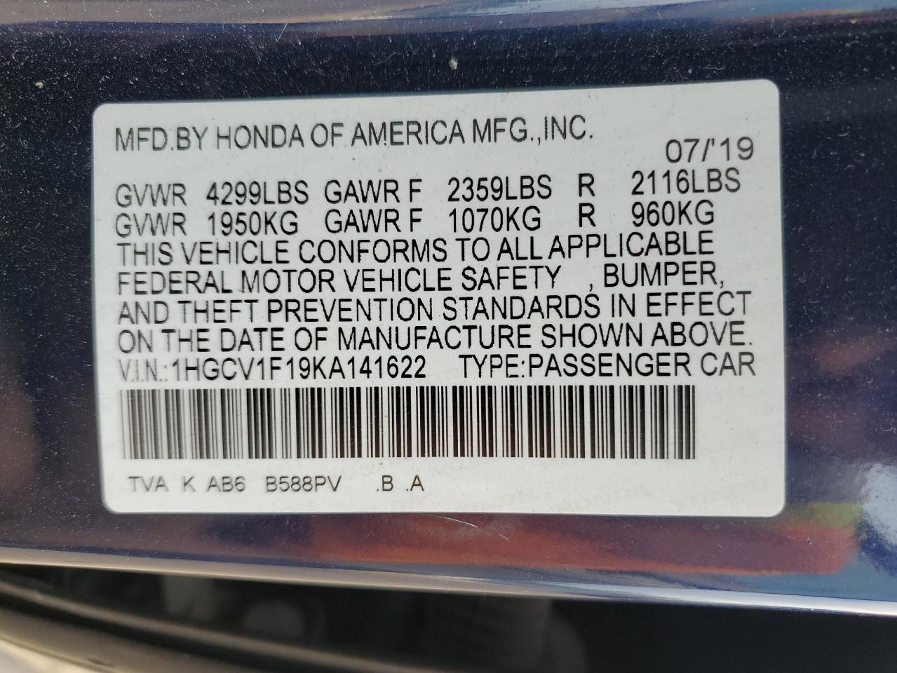 1HGCV1F19KA141622 2019 Honda Accord Lx