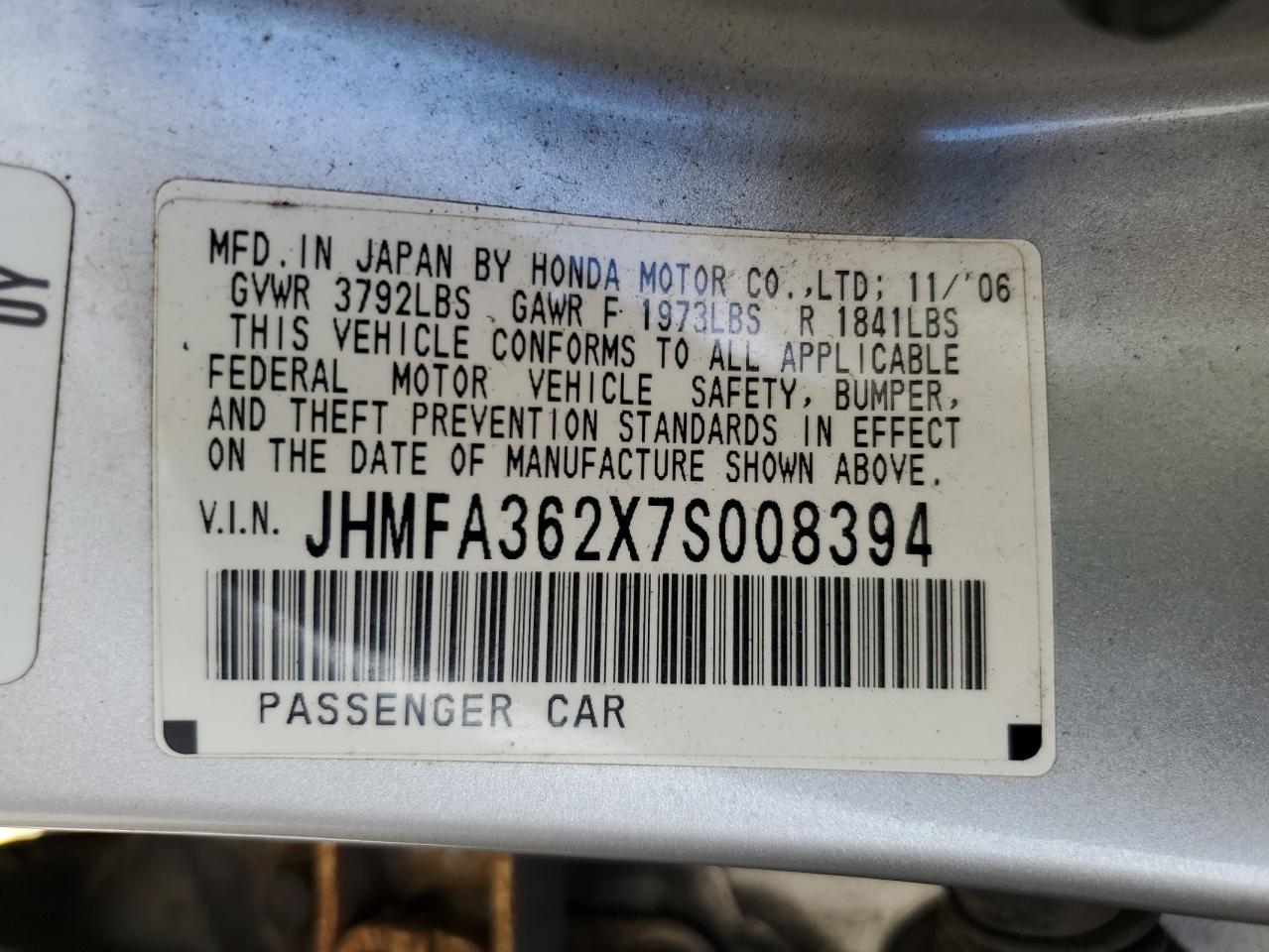 2007 Honda Civic Hybrid VIN: JHMFA362X7S008394 Lot: 71821674