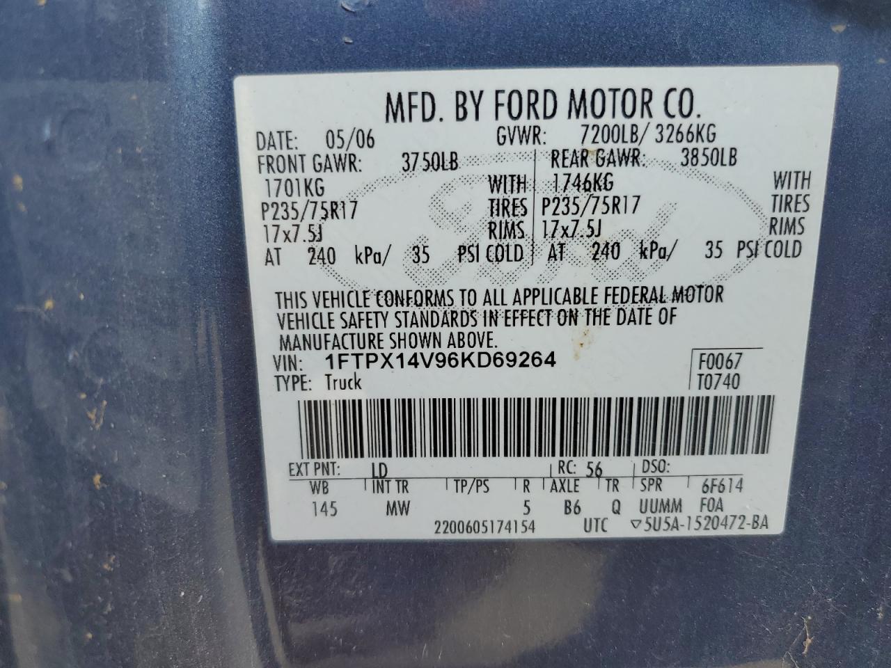 2006 Ford F150 VIN: 1FTPX14V96KD69264 Lot: 70014874