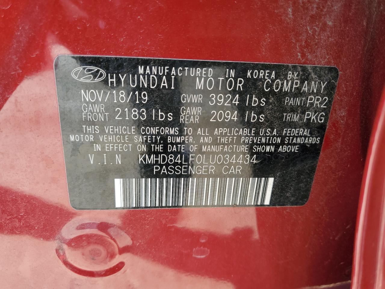 2020 Hyundai Elantra Sel VIN: KMHD84LF0LU034434 Lot: 72348494