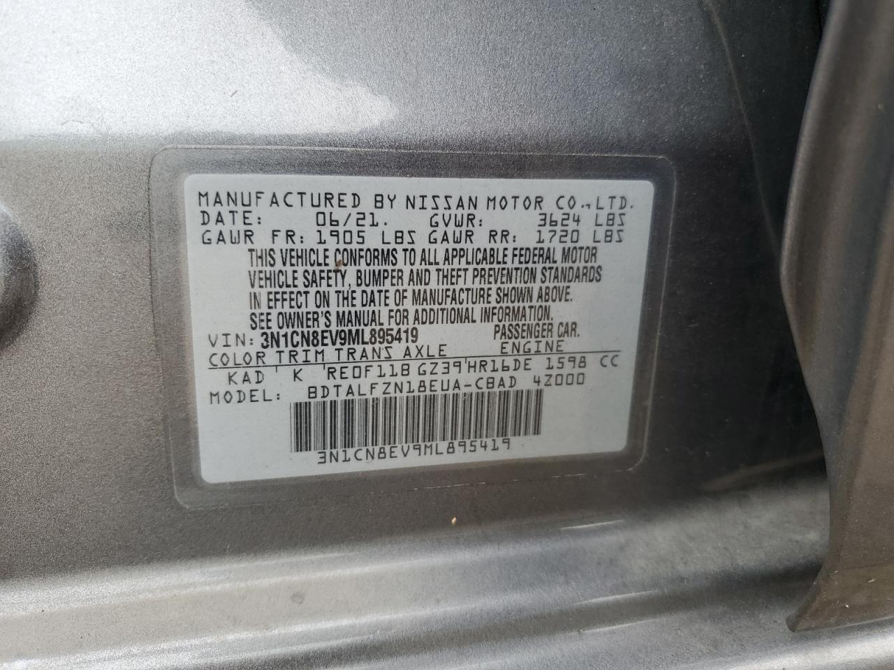 2021 Nissan Versa Sv VIN: 3N1CN8EV9ML895419 Lot: 73135734