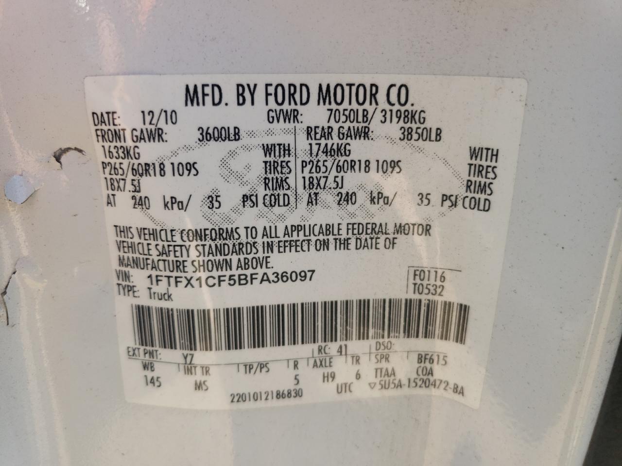 1FTFX1CF5BFA36097 2011 Ford F150 Super Cab