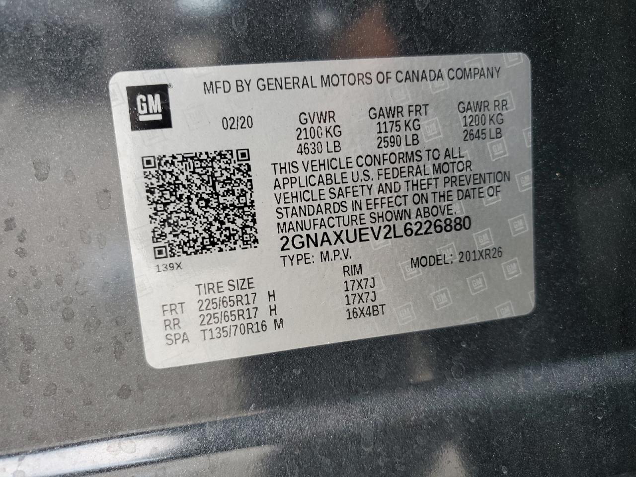 2GNAXUEV2L6226880 2020 Chevrolet Equinox Lt
