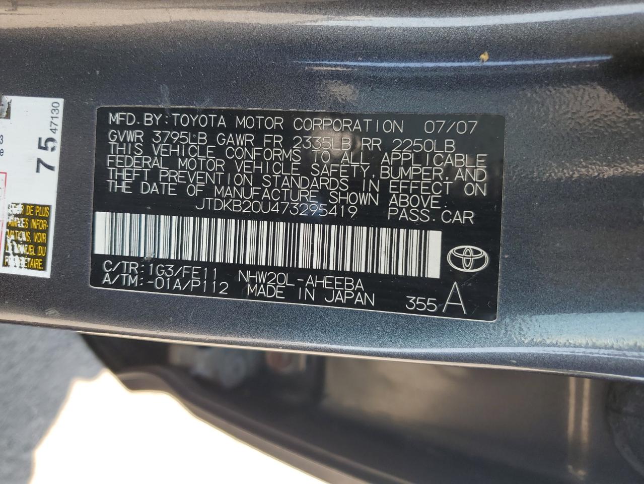 JTDKB20U473295419 2007 Toyota Prius