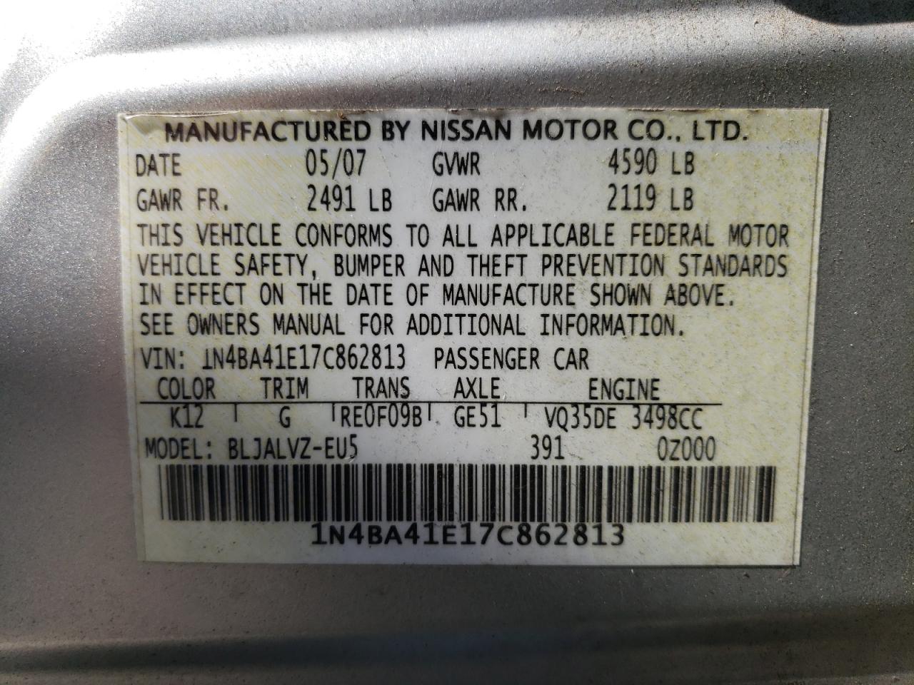 1N4BA41E17C862813 2007 Nissan Maxima Se