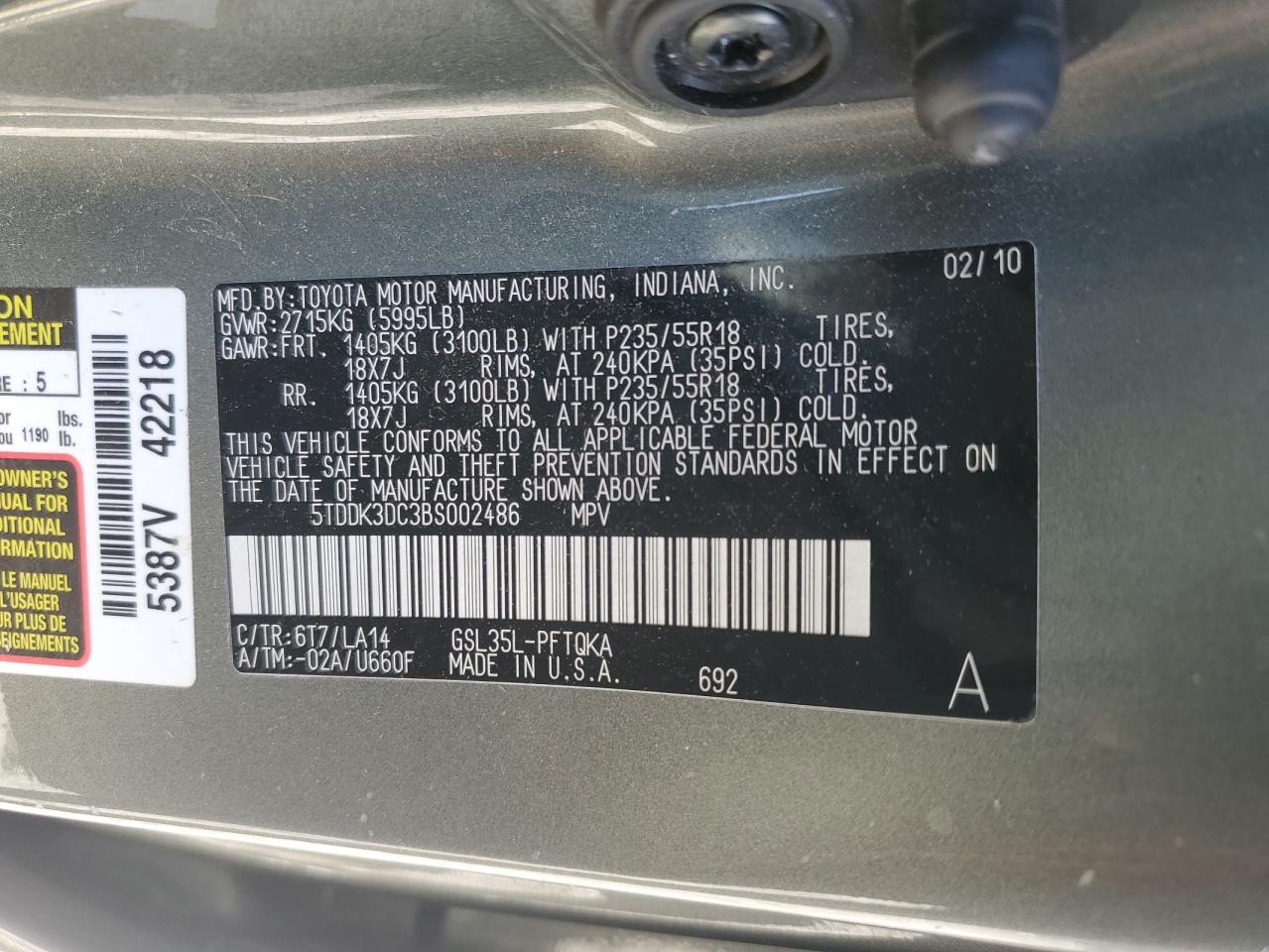 5TDDK3DC3BS002486 2011 Toyota Sienna Xle