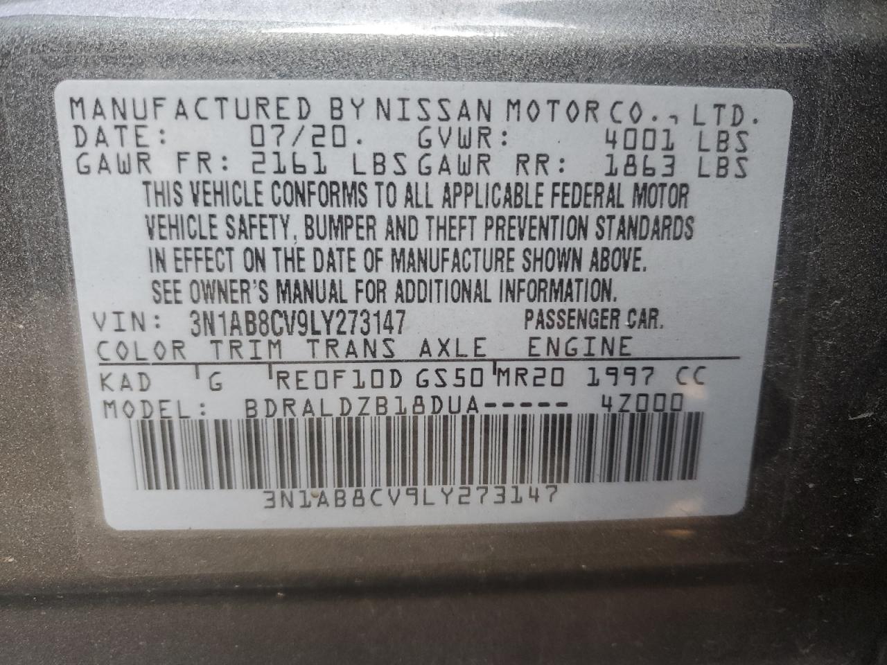 3N1AB8CV9LY273147 2020 Nissan Sentra Sv