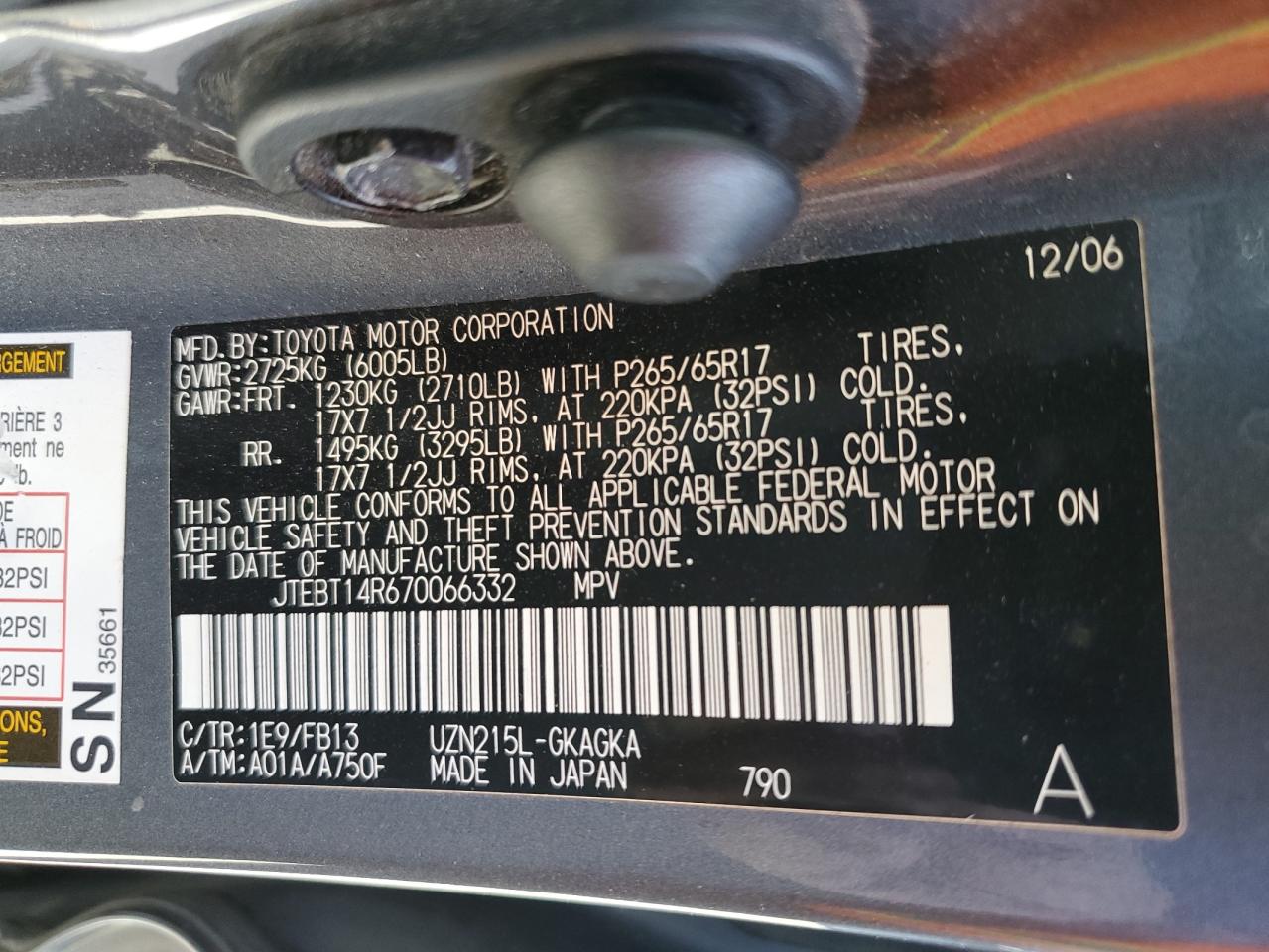 JTEBT14R670066332 2007 Toyota 4Runner Sr5