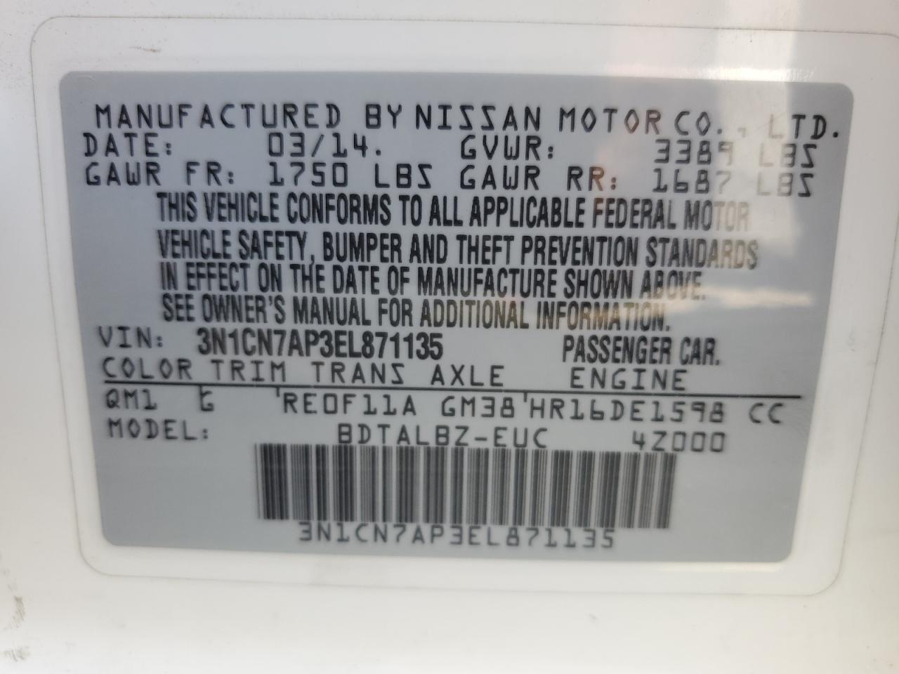 3N1CN7AP3EL871135 2014 Nissan Versa S