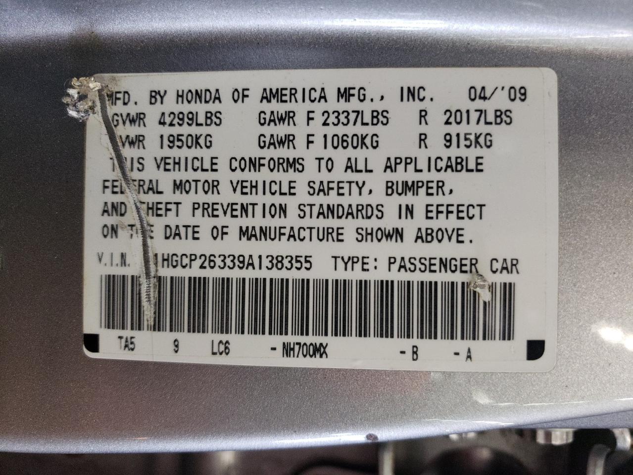 1HGCP26339A138355 2009 Honda Accord Lx