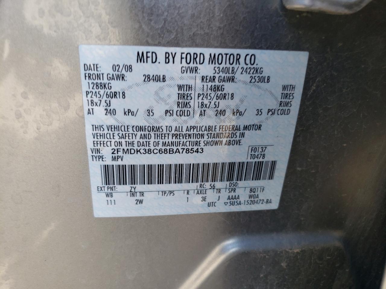 2FMDK38C68BA78543 2008 Ford Edge Sel