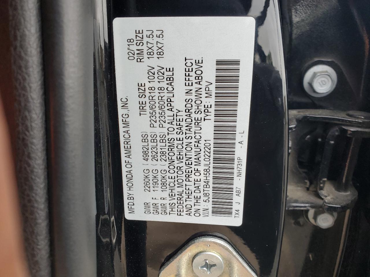 5J8TB4H58JL022201 2018 Acura Rdx Technology