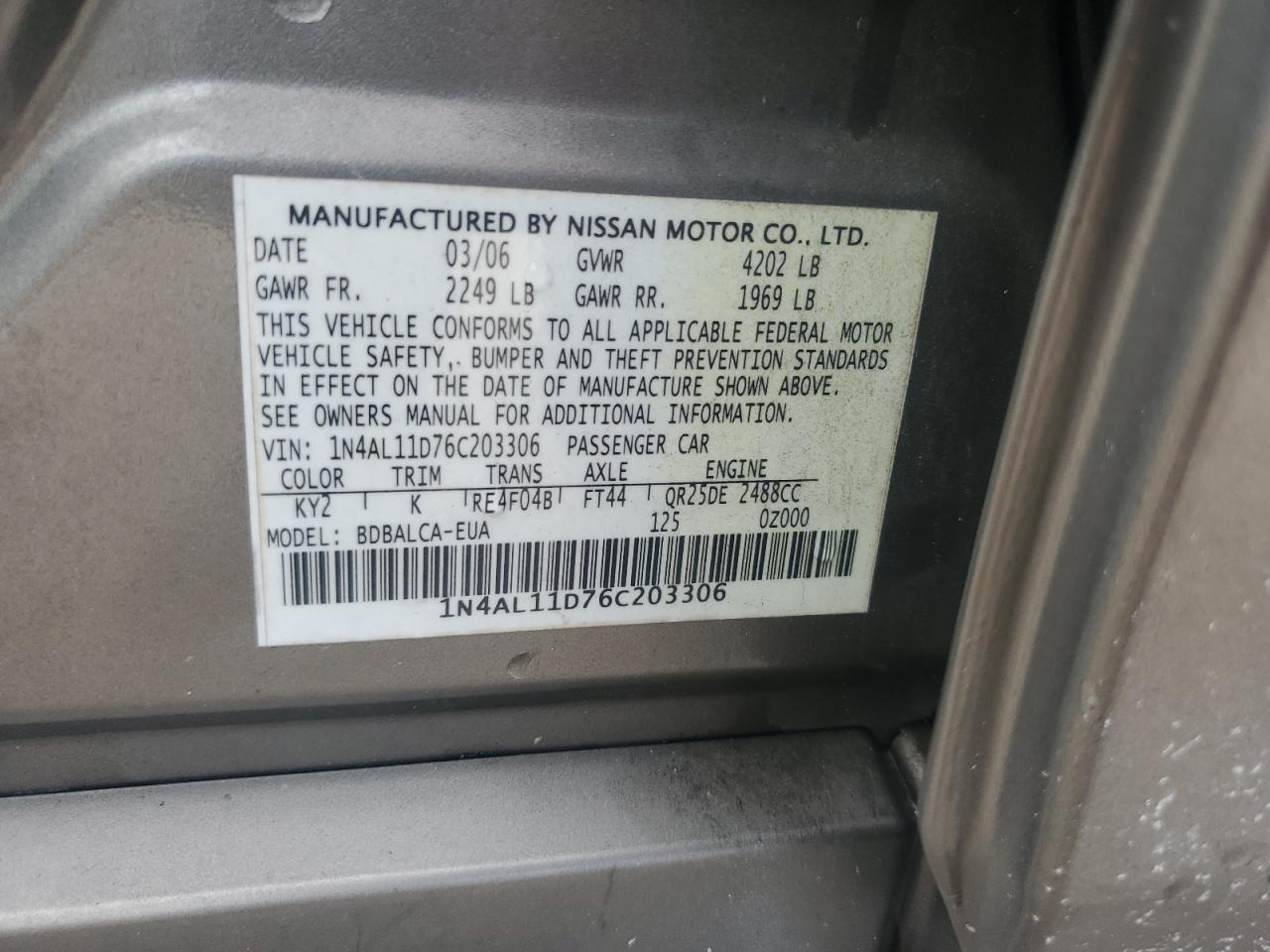 1N4AL11D76C203306 2006 Nissan Altima S