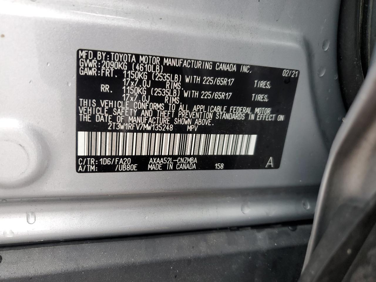 2T3W1RFV7MW135248 2021 Toyota Rav4 Xle